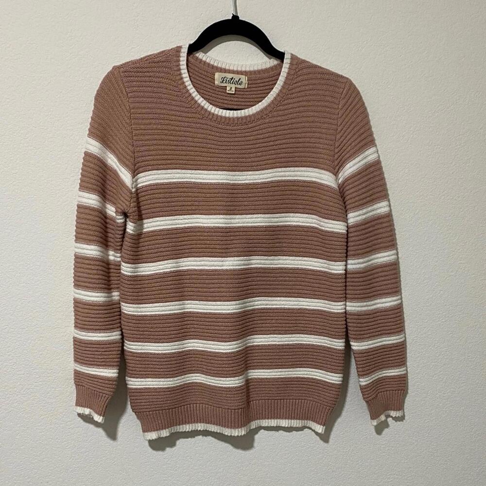 Long Sleeve Striped Crew Neck Knit Sweater Pink and White Small Cozy Comfy